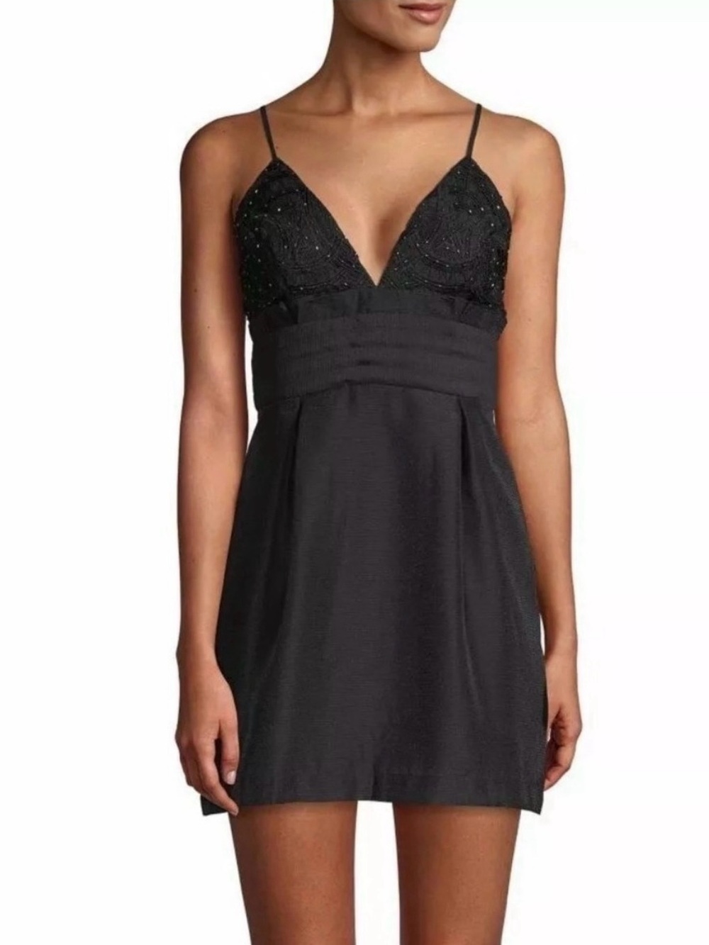 Free People Black Beaded V-Neck Sleep Chemise